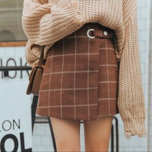 brown plaid asymmetrical mini skirt